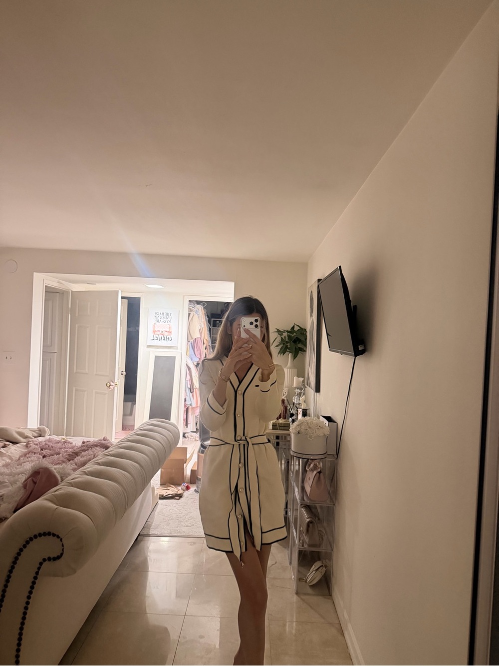 Cream Button-Front Sleep dress with Black Trim